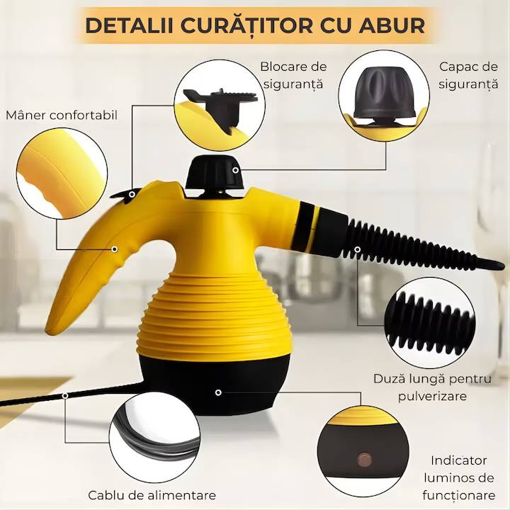 Aparat de Curatat cu Aburi Multifunctional, 1000W, 125°C, 250 ml, Accesorii Incluse – Galben/Negru