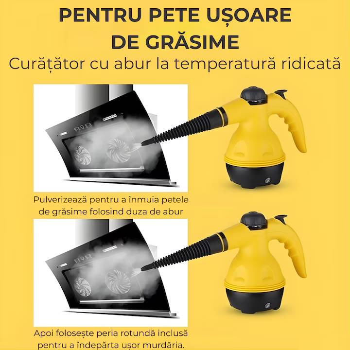 Aparat de Curatat cu Aburi Multifunctional, 1000W, 125°C, 250 ml, Accesorii Incluse – Galben/Negru