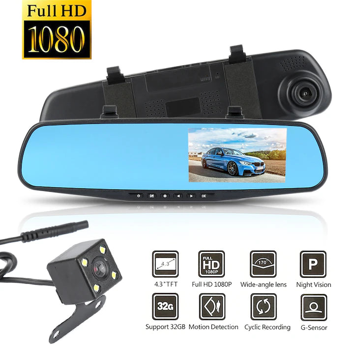Oglinda Retrovizoare cu Camera Auto Duala Full HD 1080P, Ecran 4.3 inch, Unghi 170°, Camera Marsarier Inclusa