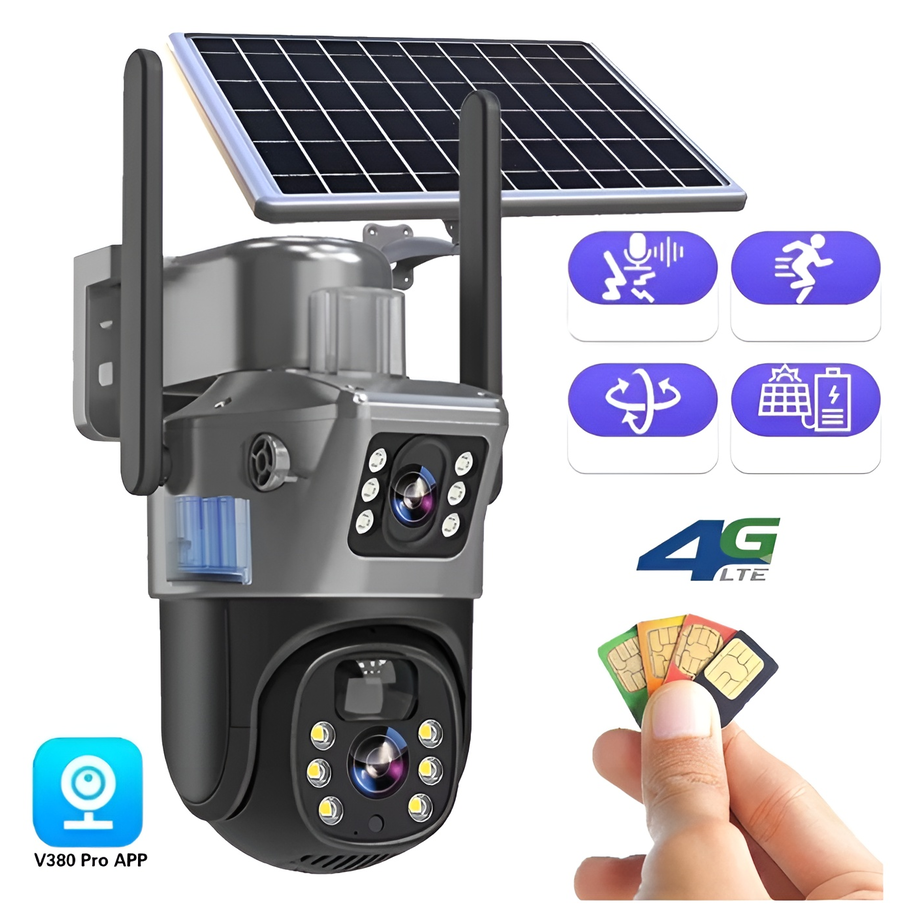 Camera Supraveghere Dual Lens 4G cu Panou Solar, 8MP Ultra HD, Exterior, Slot Cartela SIM, Audio Bidirectional