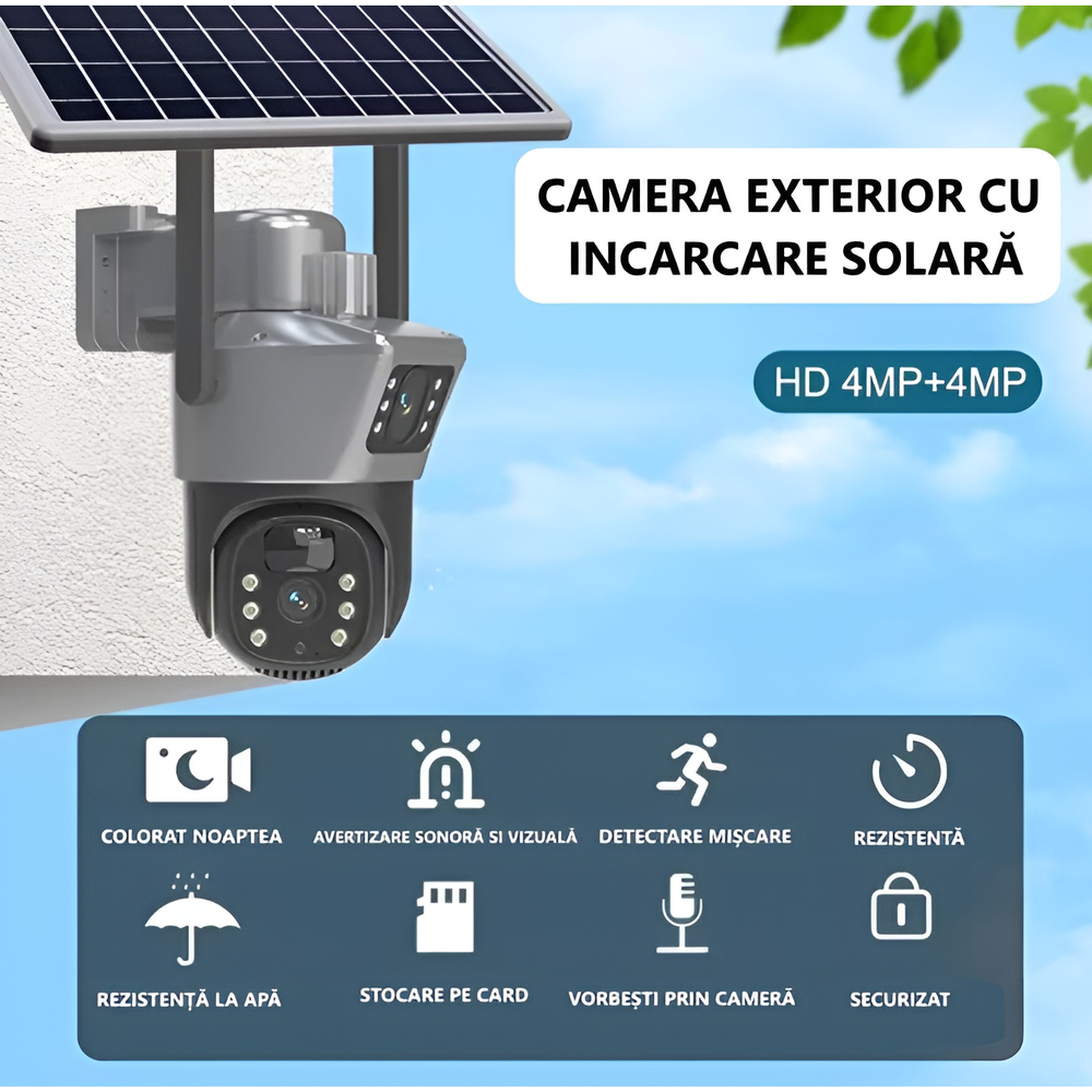 Camera Supraveghere Dual Lens 4G cu Panou Solar, 8MP Ultra HD, Exterior, Slot Cartela SIM, Audio Bidirectional