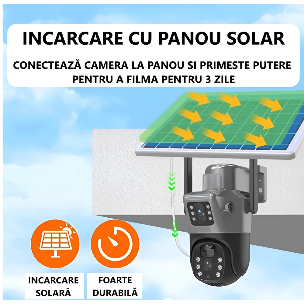 Camera Supraveghere Dual Lens 4G cu Panou Solar, 8MP Ultra HD, Exterior, Slot Cartela SIM, Audio Bidirectional