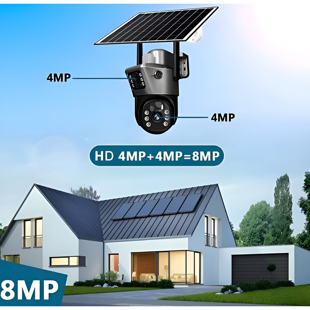 Camera Supraveghere Dual Lens 4G cu Panou Solar, 8MP Ultra HD, Exterior, Slot Cartela SIM, Audio Bidirectional