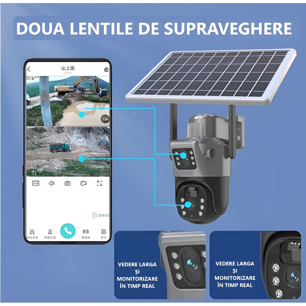 Camera Supraveghere Dual Lens 4G cu Panou Solar, 8MP Ultra HD, Exterior, Slot Cartela SIM, Audio Bidirectional