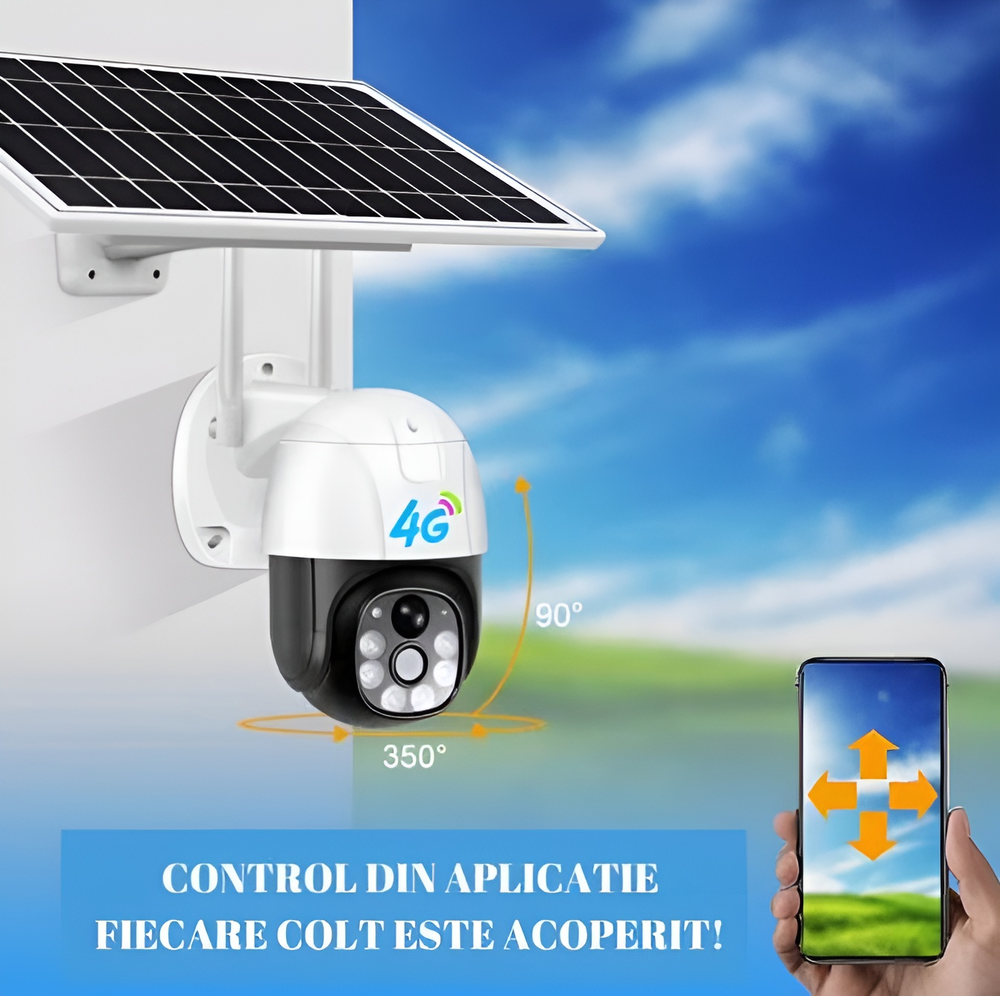 Camera Supraveghere 4G cu Panou Solar, Exterior, Slot Cartela SIM, Senzor Miscare