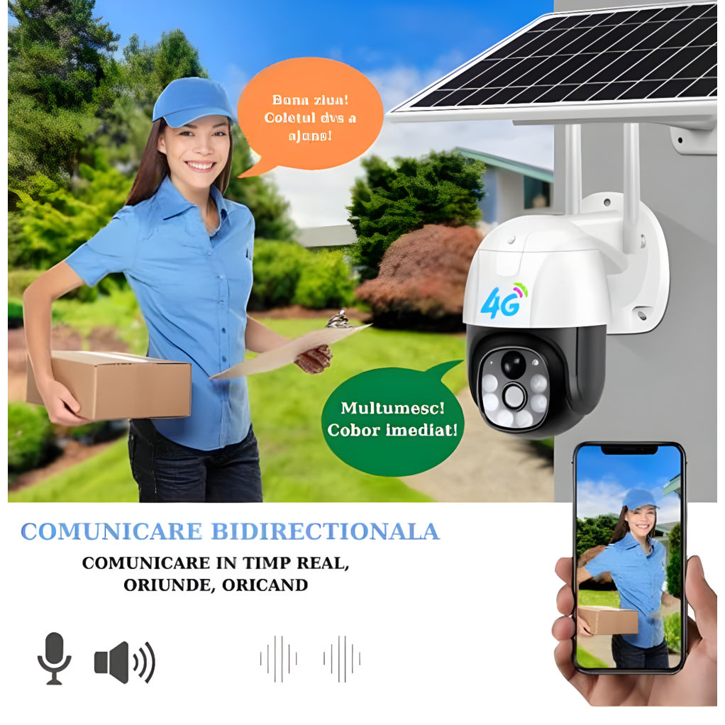 Camera Supraveghere 4G cu Panou Solar, Exterior, Slot Cartela SIM, Senzor Miscare