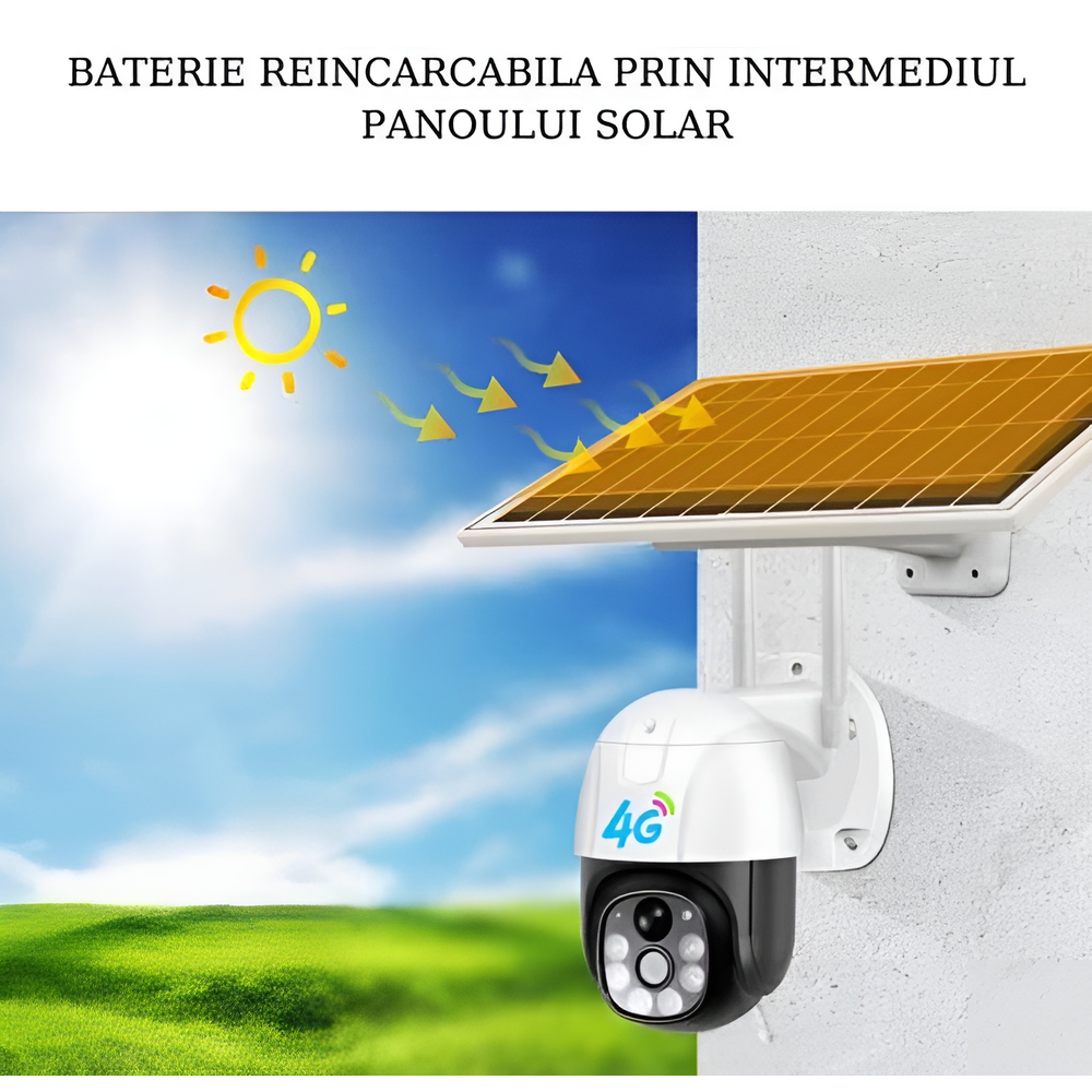 Camera Supraveghere 4G cu Panou Solar, Exterior, Slot Cartela SIM, Senzor Miscare