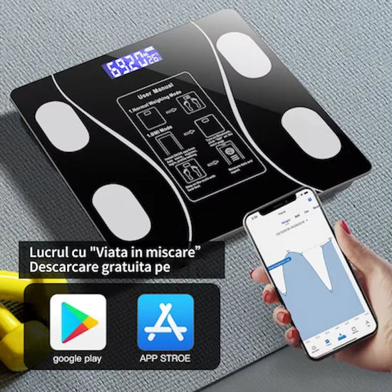 Cantar Inteligent Bluetooth, Analiza Corporala 12 in 1, Monitorizare Grasime Corporala, Masa Musculara, Aplicatie iOS/Android, Display LCD