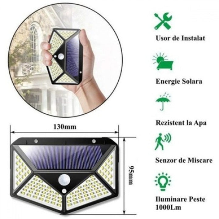 Lampa Solara de Perete cu 100 LED-uri, Senzor de Miscare si Lumina, Unghi Iluminare 270°, Exterior IP65