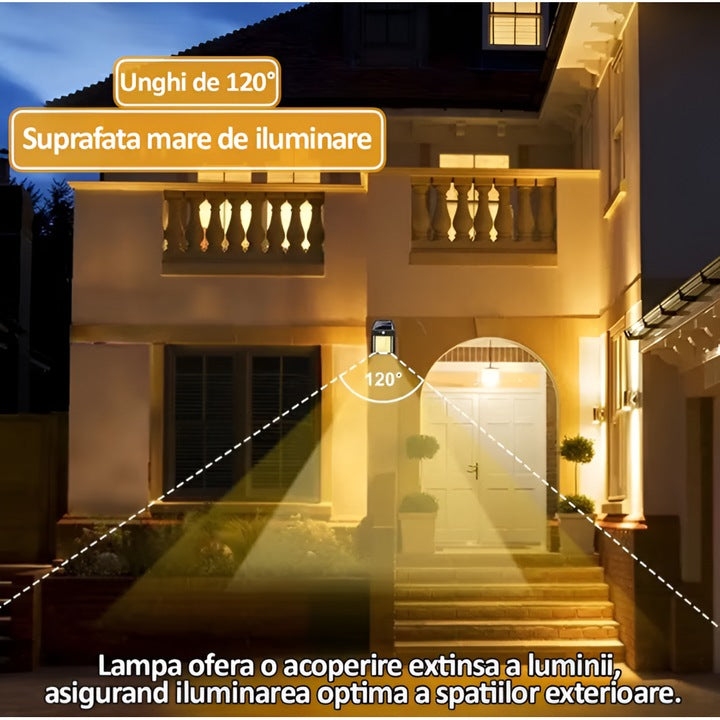 Lampa Solara de Perete Tip Felinar, Senzor de Miscare si Lumina, LED cu Filament, Exterior IP65, Iluminat Economic Gradina si Terasa