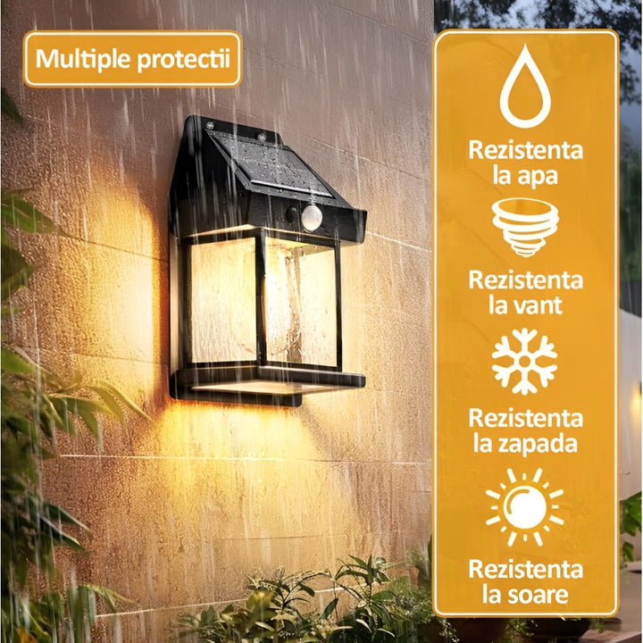 Lampa Solara de Perete Tip Felinar, Senzor de Miscare si Lumina, LED cu Filament, Exterior IP65, Iluminat Economic Gradina si Terasa
