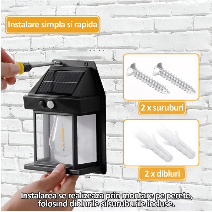 Lampa Solara de Perete Tip Felinar, Senzor de Miscare si Lumina, LED cu Filament, Exterior IP65, Iluminat Economic Gradina si Terasa