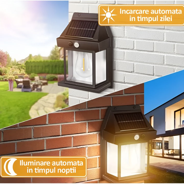 Lampa Solara de Perete Tip Felinar, Senzor de Miscare si Lumina, LED cu Filament, Exterior IP65, Iluminat Economic Gradina si Terasa