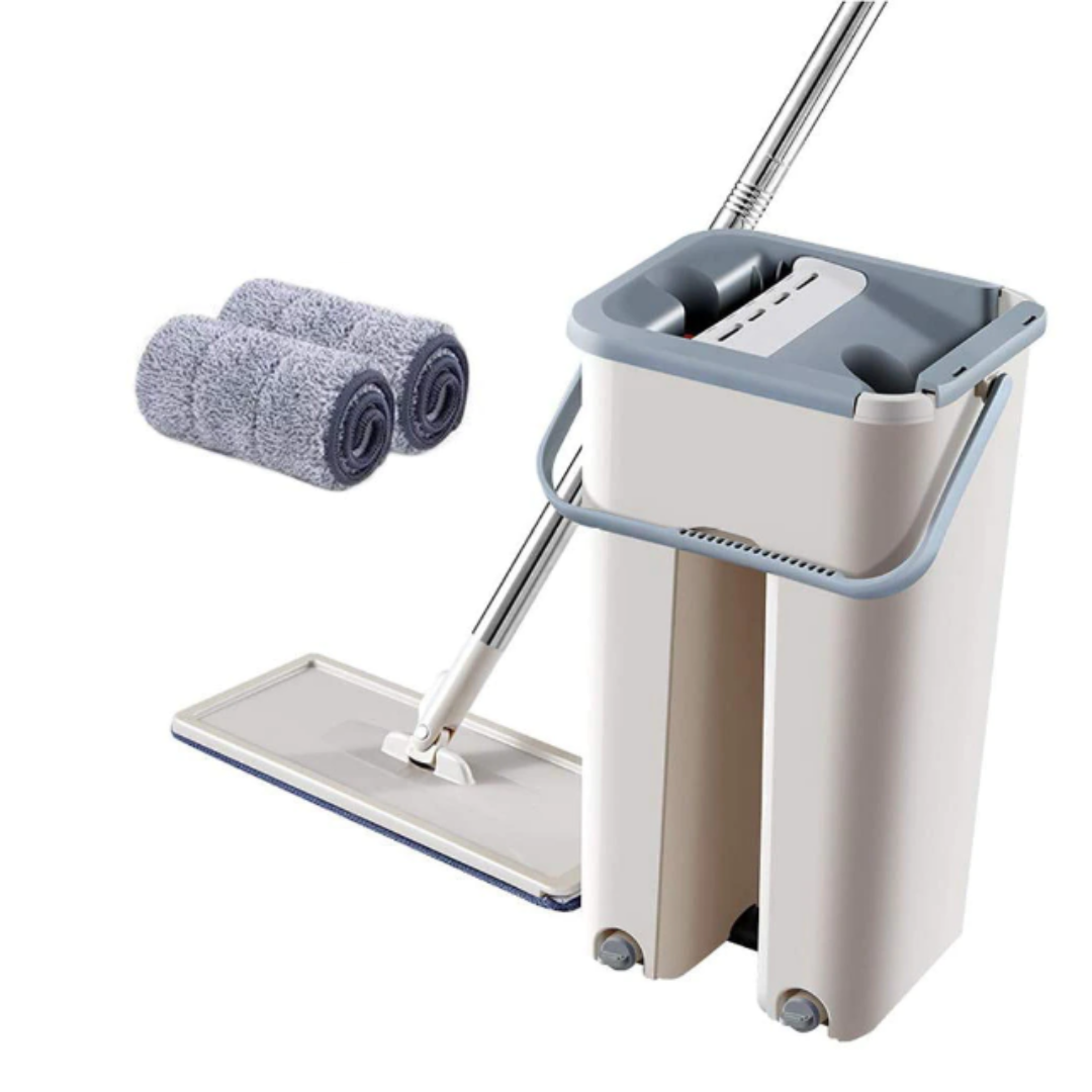 Set Mop Plat cu Galeata cu Doua Compartimente, Sistem de Stoarcere si Curatare, 2 Rezerve Microfibra Incluse