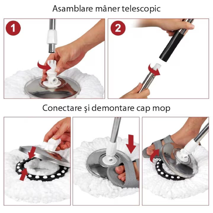 Set Curatenie Mop Rotativ 360 cu Galeata Inox Dozator Detergent, Rezerve Microfibra