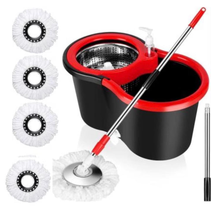 Set Curatenie Mop Rotativ 360 cu Galeata Inox Dozator Detergent, Rezerve Microfibra