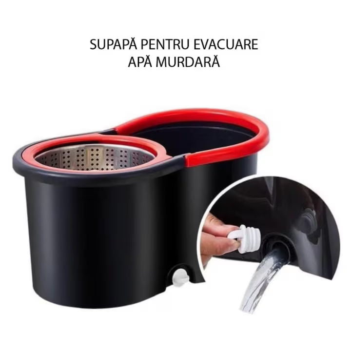 Set Curatenie Mop Rotativ 360 cu Galeata Inox Dozator Detergent, Rezerve Microfibra