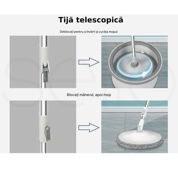 Set Mop Rotativ cu Galeata Compacta, Sistem de Autocuratare si Separare Apa Murdara