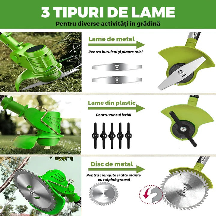 Motocoasa cu 2 Acumulatori 24V, Trimer Gazon fara Fir, 3 Tipuri de Lame (Metal, Plastic, Disc), Incarcator Inclus