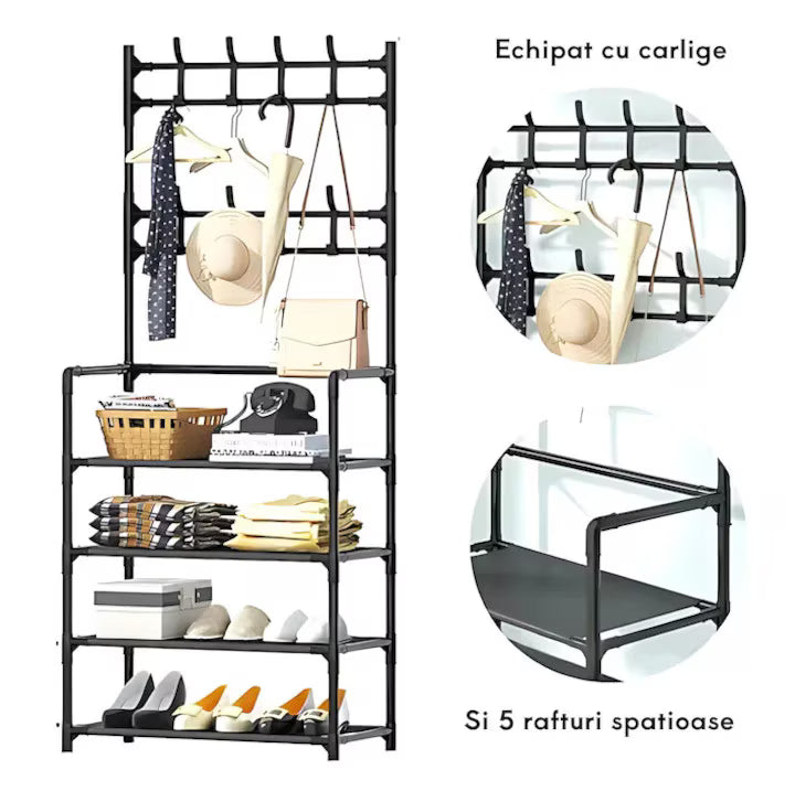 Cuier Multifunctional cu Raft Incaltaminte, 5 Nivele si Agatatori Haine, 170cm