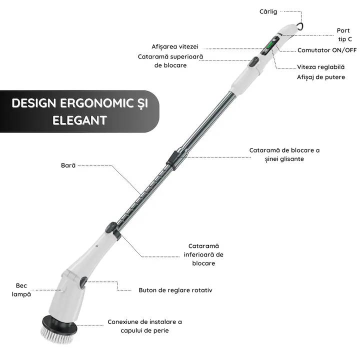 Perie Electrica de Curatare 8 in 1, cu Brat Telescopic, Acumulator, Afisaj LED