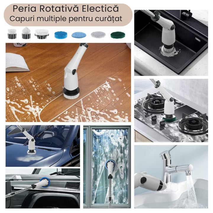 Perie Electrica de Curatare 8 in 1, cu Brat Telescopic, Acumulator, Afisaj LED