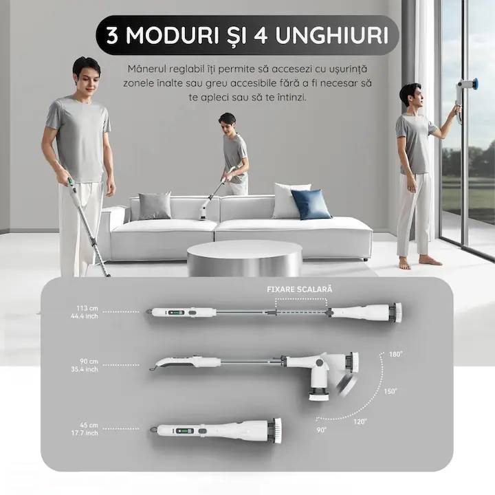 Perie Electrica de Curatare 8 in 1, cu Brat Telescopic, Acumulator, Afisaj LED
