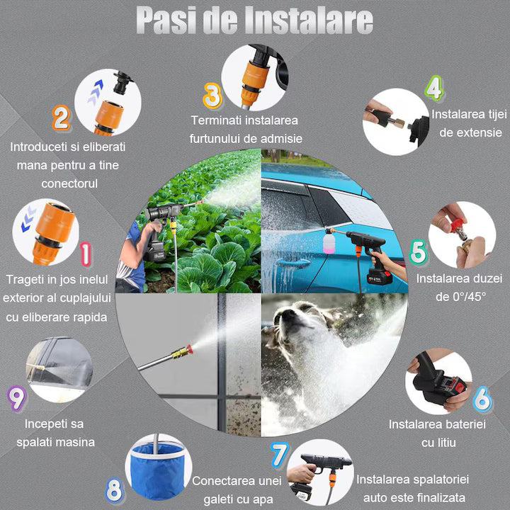 Aparat de Spalat cu Presiune Portabil, Tip Pistol, cu 2 Acumulatori 48V, Fara Fir, Kit Complet Accesorii si Valiza Transport