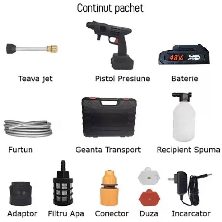 Aparat de Spalat cu Presiune Portabil, Tip Pistol, cu 2 Acumulatori 48V, Fara Fir, Kit Complet Accesorii si Valiza Transport
