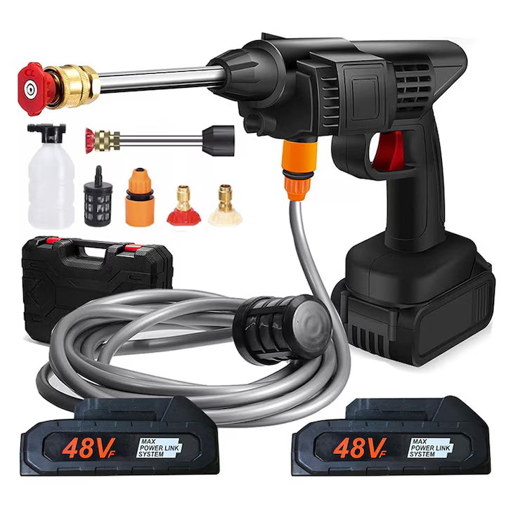 Aparat de Spalat cu Presiune Portabil, Tip Pistol, cu 2 Acumulatori 48V, Fara Fir, Kit Complet Accesorii si Valiza Transport