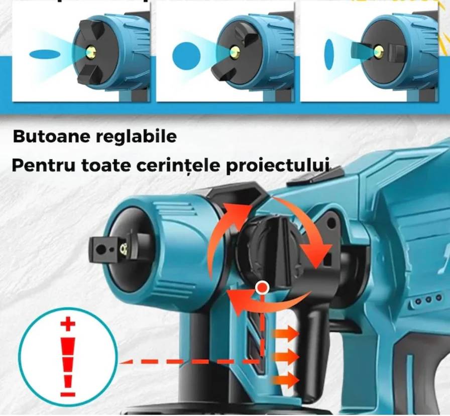 Pistol de Vopsit Portabil Fara Fir, 2 Acumulatori, Rezervor 800ml, 3 Moduri de Pulverizare