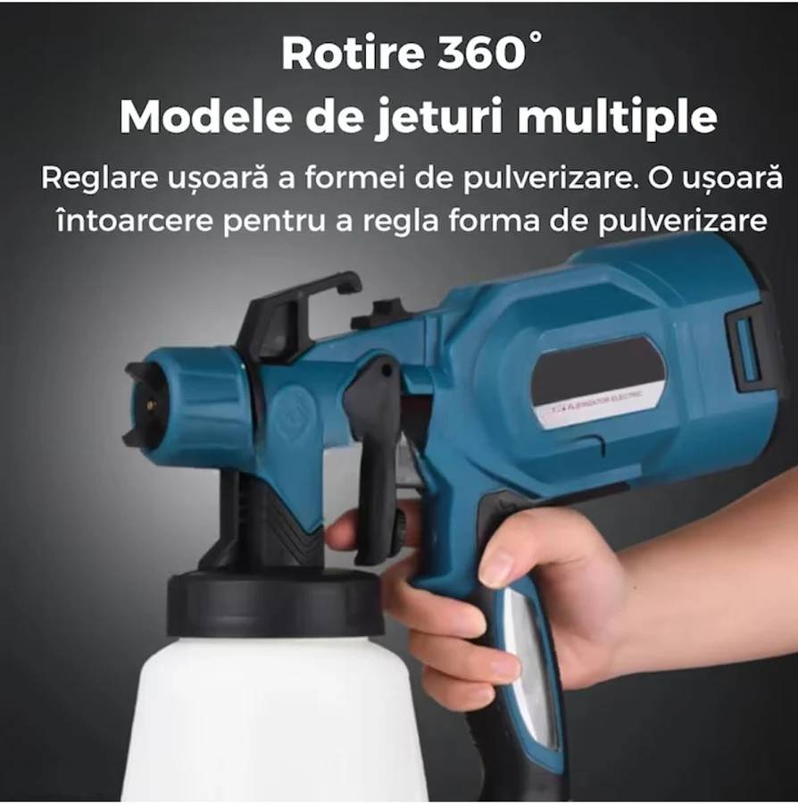 Pistol de Vopsit Portabil Fara Fir, 2 Acumulatori, Rezervor 800ml, 3 Moduri de Pulverizare