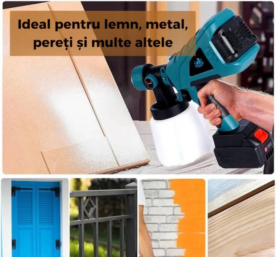 Pistol de Vopsit Portabil Fara Fir, 2 Acumulatori, Rezervor 800ml, 3 Moduri de Pulverizare