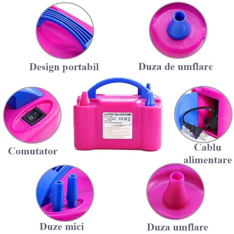 Pompa Electrica pentru Umflat Baloane, 600W, Doua Moduri de Operare, 2 Duze de Umflare