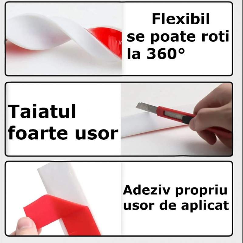 Prag de dus autoadeziv, flexibil, pentru cabina de dus, rezistent la mucegai, impermeabil, alb, model 90°