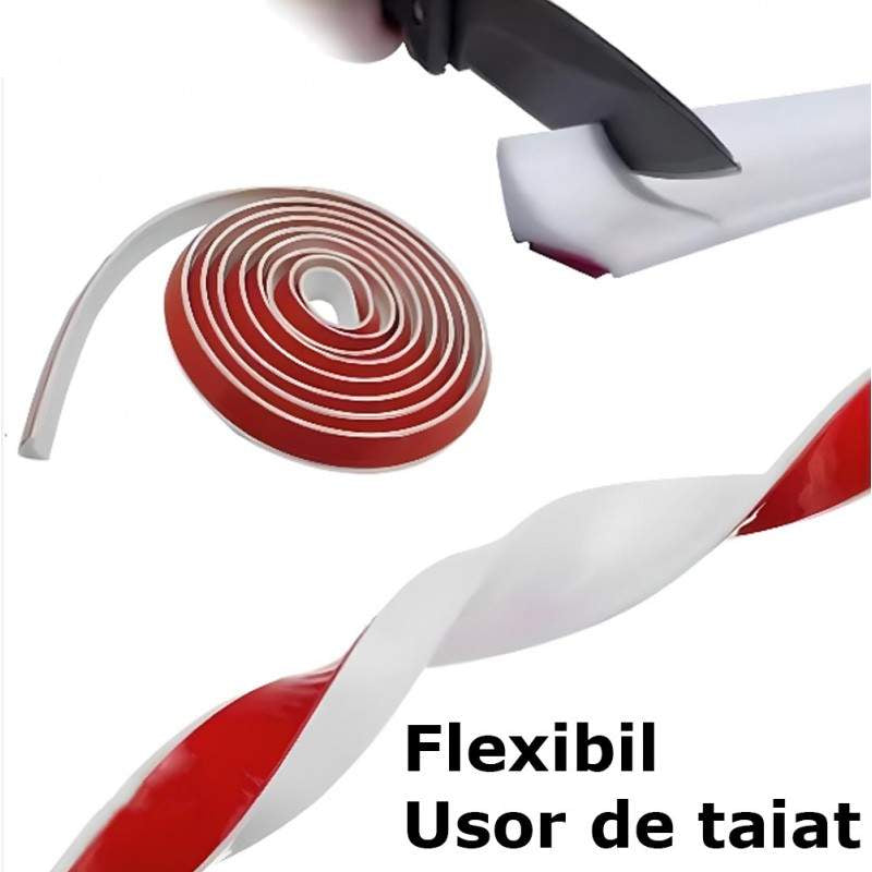 Prag de dus autoadeziv, flexibil, pentru cabina de dus, rezistent la mucegai, impermeabil, alb, model 90°