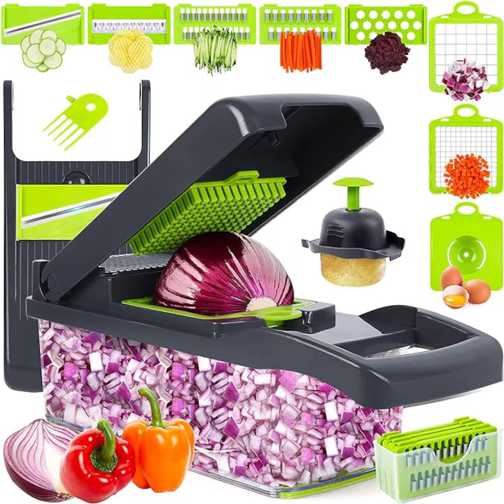 Feliator si Razatoare Multifunctionala 15 in 1, Dispozitiv Taiat Legume si Fructe, Mandolina cu Recipient, 7 Lame Inox, Separator Oua