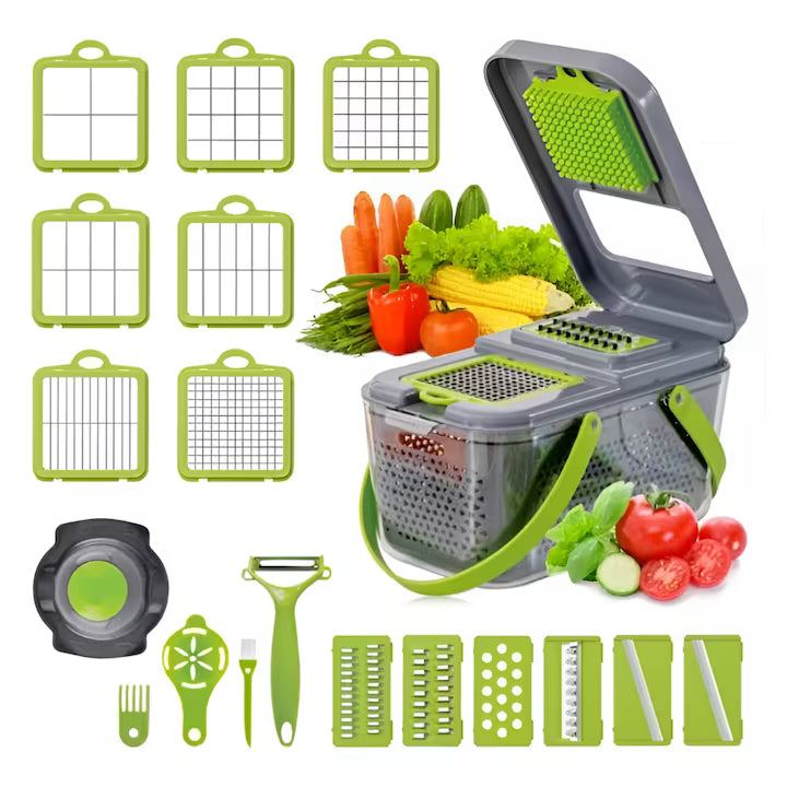 Set razatoare 22 in 1, Dispozitiv Taiat Legume si Fructe, Mandolina Multifunctionala, 13 Lame Inox, Cos de Scurgere, Separator Oua si Accesorii Curatare
