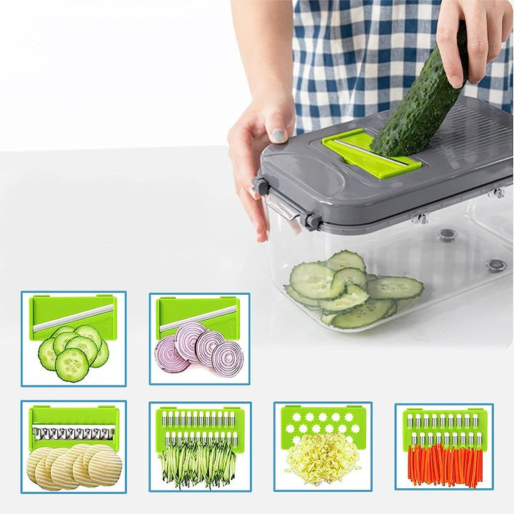 Set razatoare 22 in 1, Dispozitiv Taiat Legume si Fructe, Mandolina Multifunctionala, 13 Lame Inox, Cos de Scurgere, Separator Oua si Accesorii Curatare